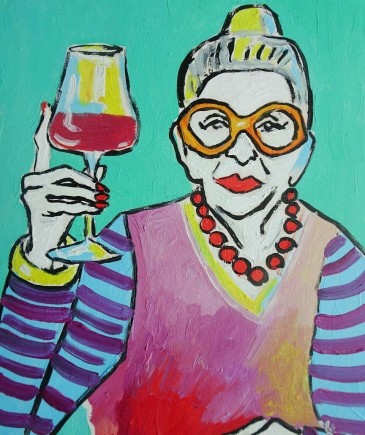 obraz do salonu portret babcia z lampka wina