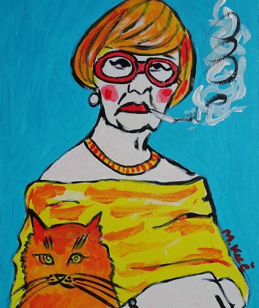 obraz do salonu portret babcia z kotkiem