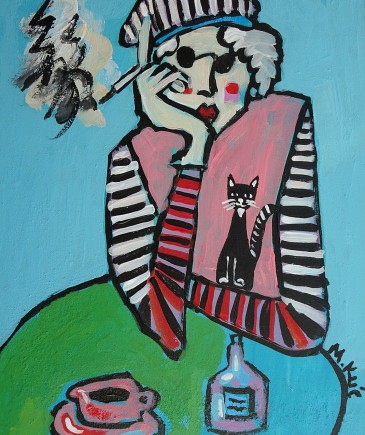 obraz do salonu portret babcia z kotkiem
